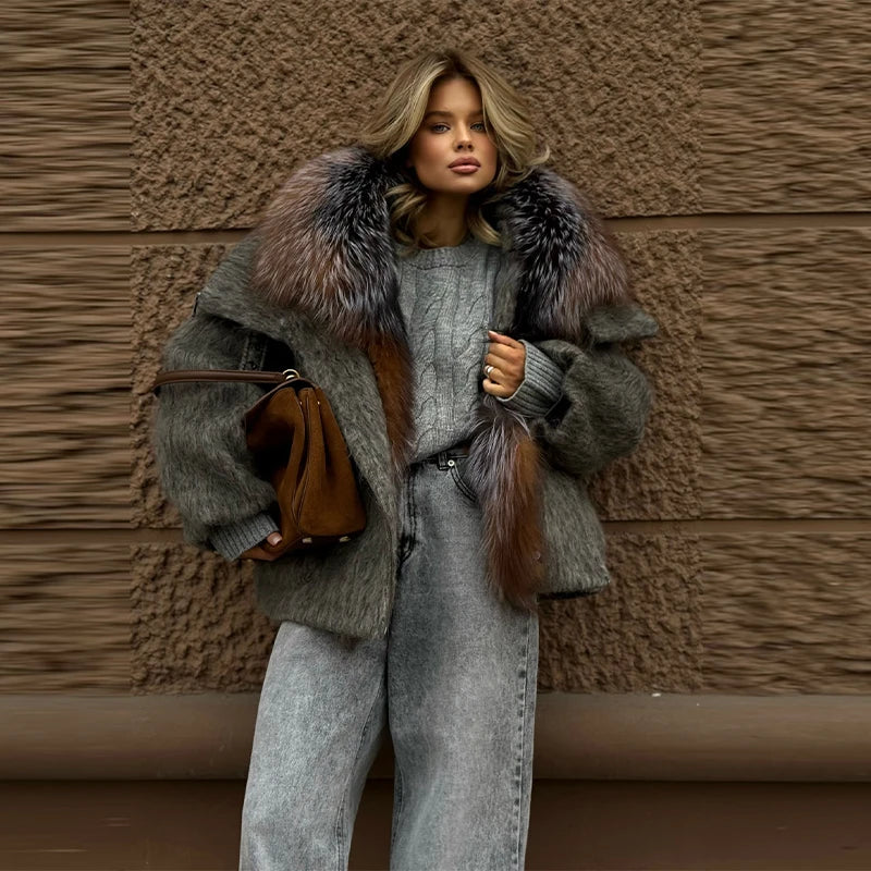 Winter Fashion Faux Fur Collar Woolen Coat Women Vintage Thick Hooded Long Sleeve Oversized Warm Jacket New Lady High Streetwear