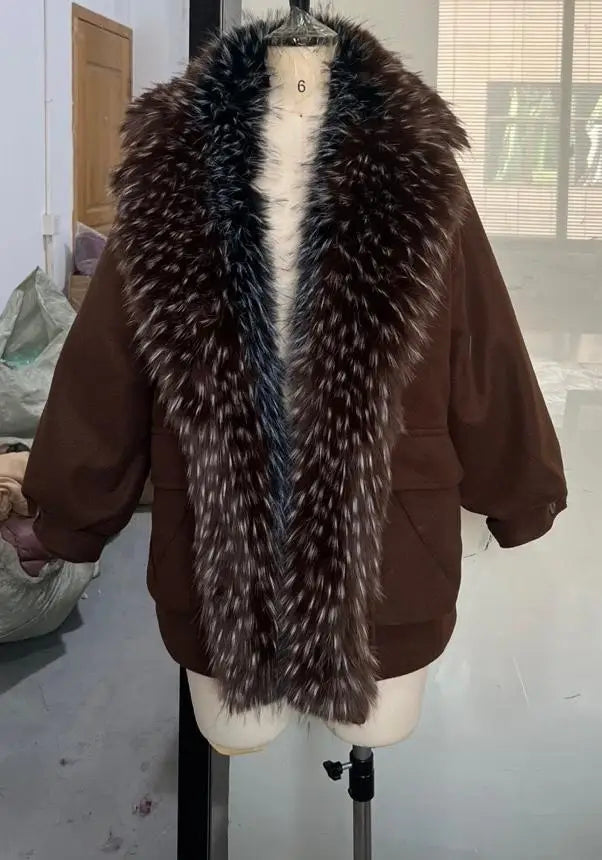 Vintage Thicken Faux Fur Woolen Jacket Women Fashion Hooded Pocket Lantern Sleeve Elastic Waist Coat Winter Female Daily Outwear