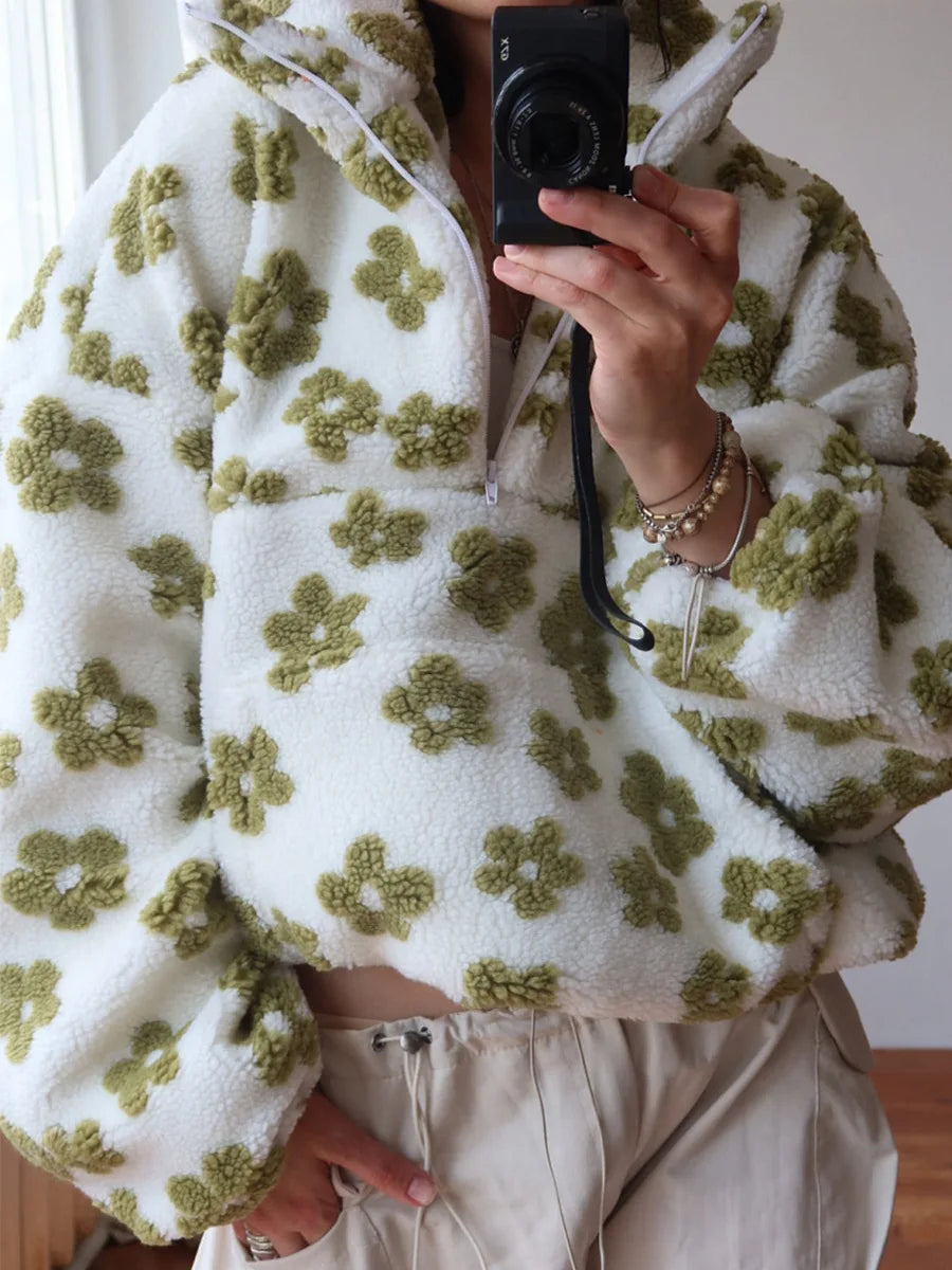 Yaminiya Women's 2025 New Fashion Polar Fleece Flower Blossoms Sweater Cotton Sweater Loose Warm Fur Stand Up Collar Zipper Top