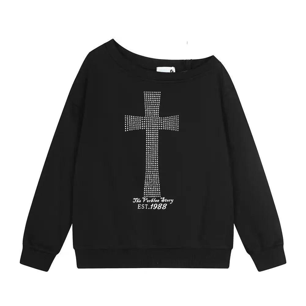 Seeslim Cross One-shoulder Graphic Hoodies Long Sleeve Black Women's Sweatshirts Harajuku Grunge 2000s Clothes Y2k Autumn Tops