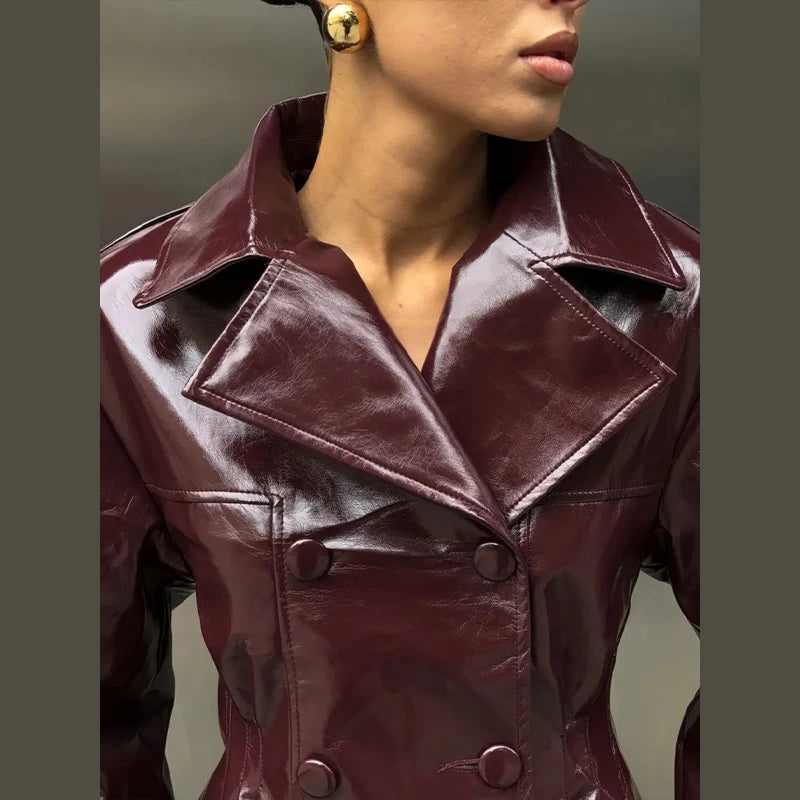 Retro Leather Blazers Short Skirts Suit Women's Stylish Lapel Double-breasted Jackets 2025 New Autumn Winter Ladies Streetwear
