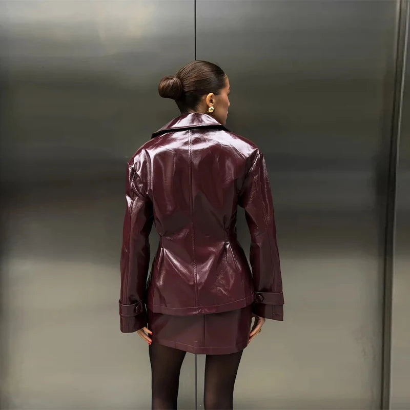 Retro Leather Blazers Short Skirts Suit Women's Stylish Lapel Double-breasted Jackets 2025 New Autumn Winter Ladies Streetwear