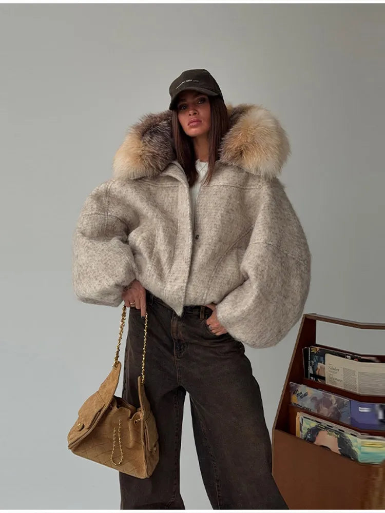 Vintage Thicken Faux Fur Woolen Jacket Women Fashion Hooded Pocket Lantern Sleeve Elastic Waist Coat Winter Female Daily Outwear