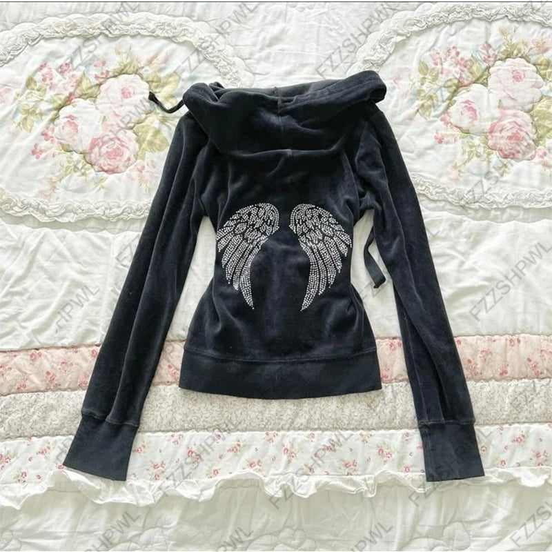 Vintage Jacket Grunge Zipper Sweatshirt Autumn and Winter Wings Print Slim Hoodie Gothic Fashion Trend Slim Street Outerwear y2k
