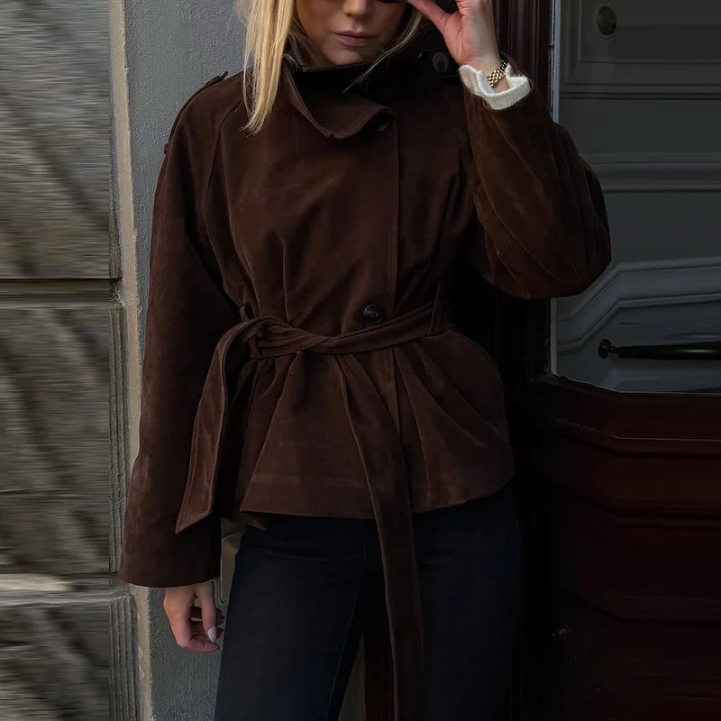 Soft Suede Women Commute Coat Long Sleeve High Neck Tie Waist All-match Cinched Slim Autumn Winter Coats 2026 Fashion Jackets