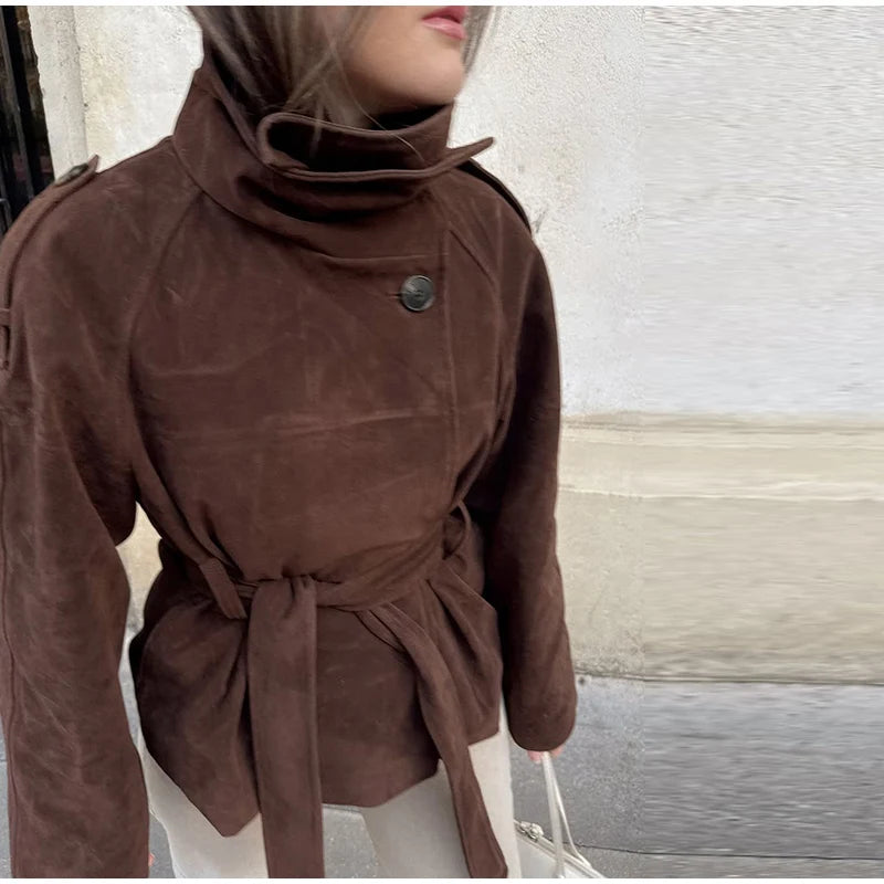 Soft Suede Women Commute Coat Long Sleeve High Neck Tie Waist All-match Cinched Slim Autumn Winter Coats 2026 Fashion Jackets