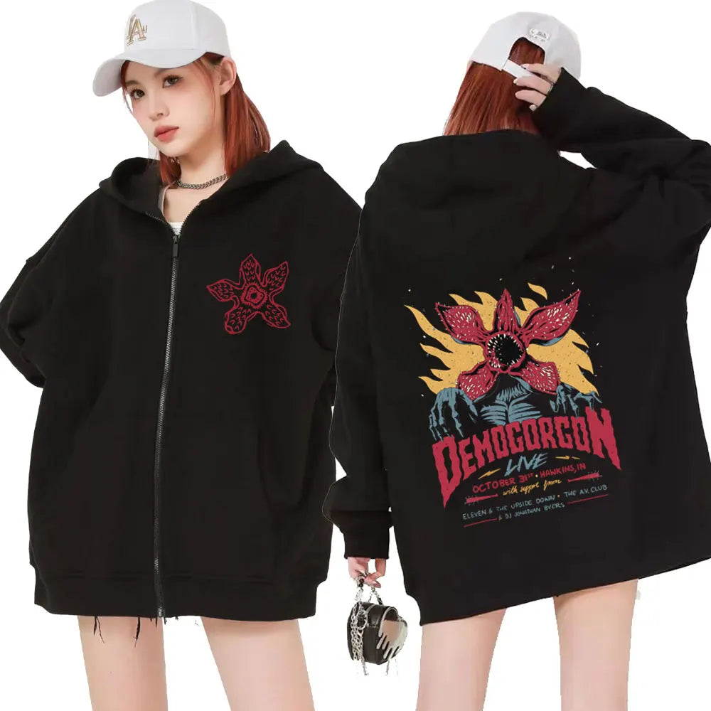 Eddie Munson The Demogorgon Zipper Hoodie Men Women Cannibal Flower Monster Print Cardigan Hooded Sweatshirt Harajuku Streetwear