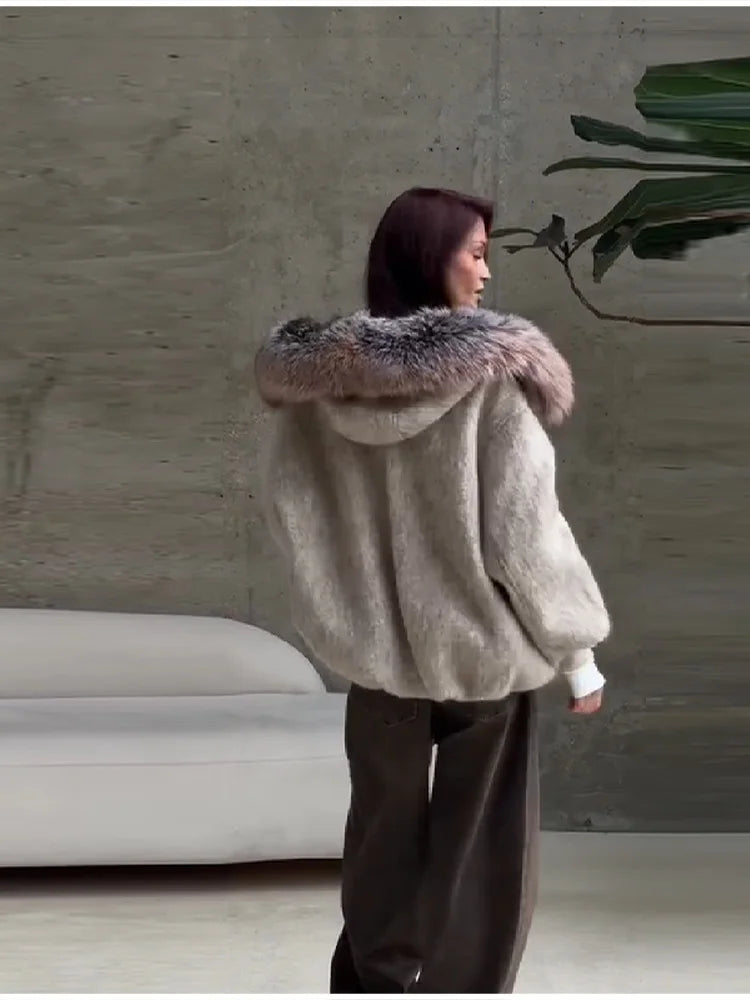 Winter Fashion Faux Fur Collar Woolen Coat Women Vintage Thick Hooded Long Sleeve Oversized Warm Jacket New Lady High Streetwear