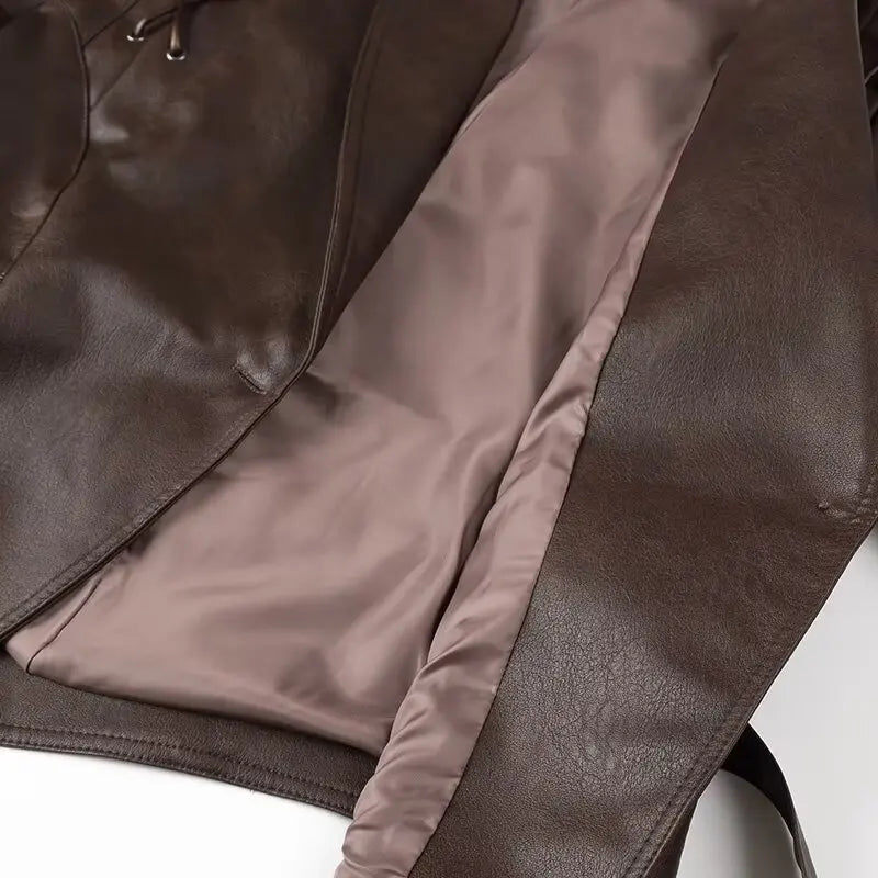 Suninheart Autumn and Winter Faux Leather Jackets for Women 2025 Dropped Shoulder Oversized Jacket Coat Belted Corset Jacket