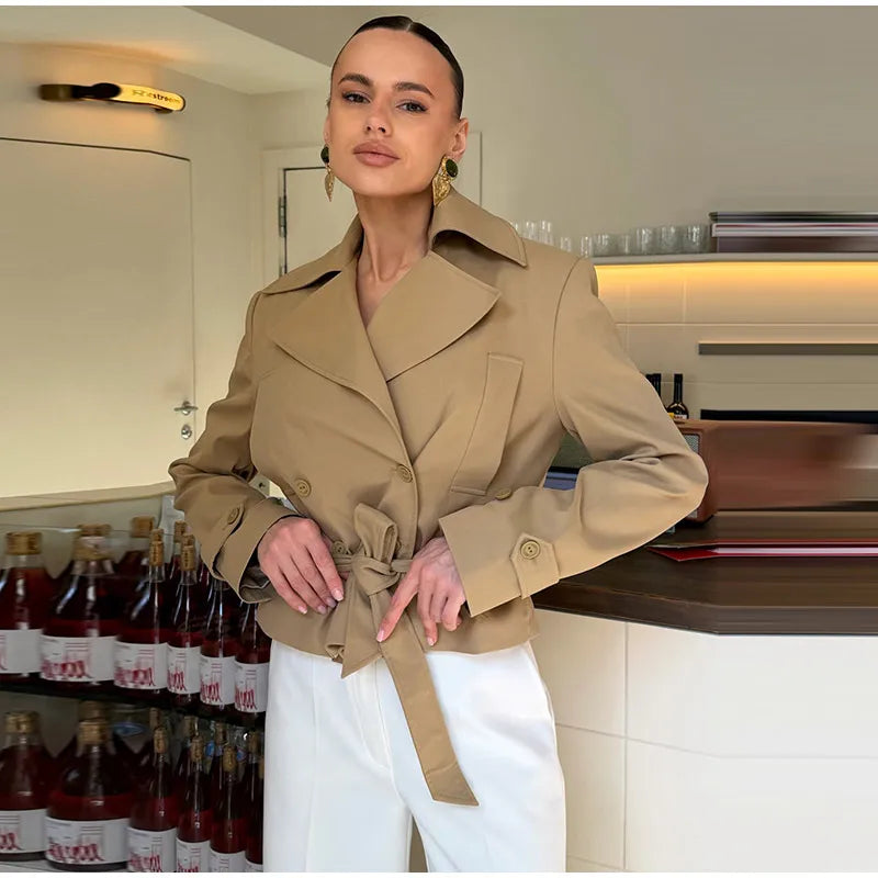 Soft Suede Women Commute Coat Long Sleeve High Neck Tie Waist All-match Cinched Slim Autumn Winter Coats 2026 Fashion Jackets