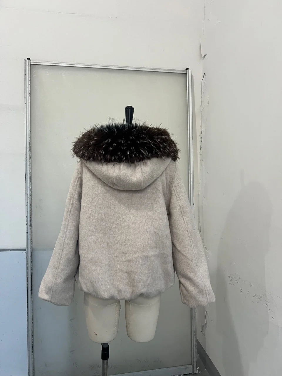 Vintage Thicken Faux Fur Woolen Jacket Women Fashion Hooded Pocket Lantern Sleeve Elastic Waist Coat Winter Female Daily Outwear