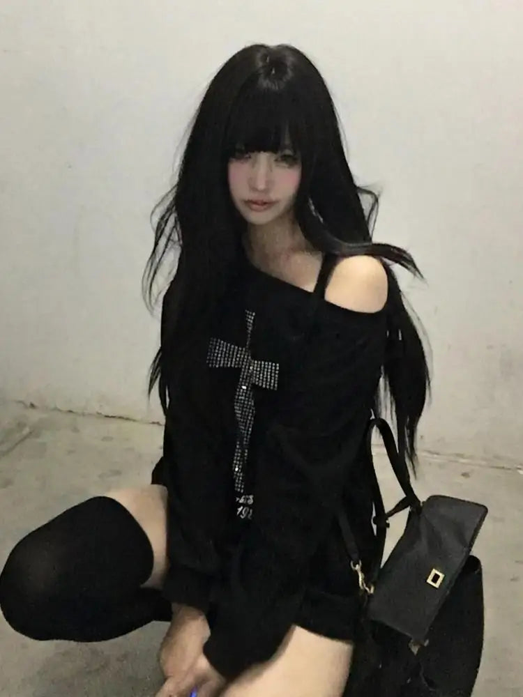 Seeslim Cross One-shoulder Graphic Hoodies Long Sleeve Black Women's Sweatshirts Harajuku Grunge 2000s Clothes Y2k Autumn Tops