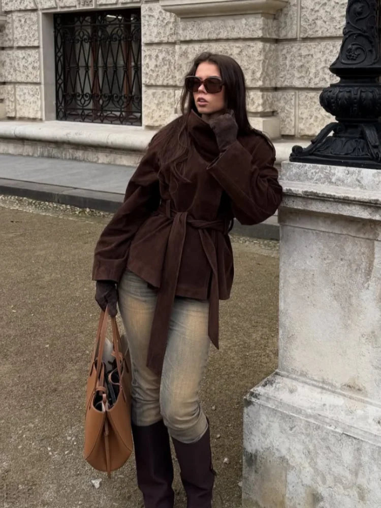 Soft Suede Women Commute Coat Long Sleeve High Neck Tie Waist All-match Cinched Slim Autumn Winter Coats 2026 Fashion Jackets