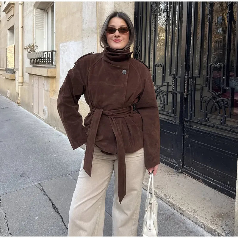 Soft Suede Women Commute Coat Long Sleeve High Neck Tie Waist All-match Cinched Slim Autumn Winter Coats 2026 Fashion Jackets