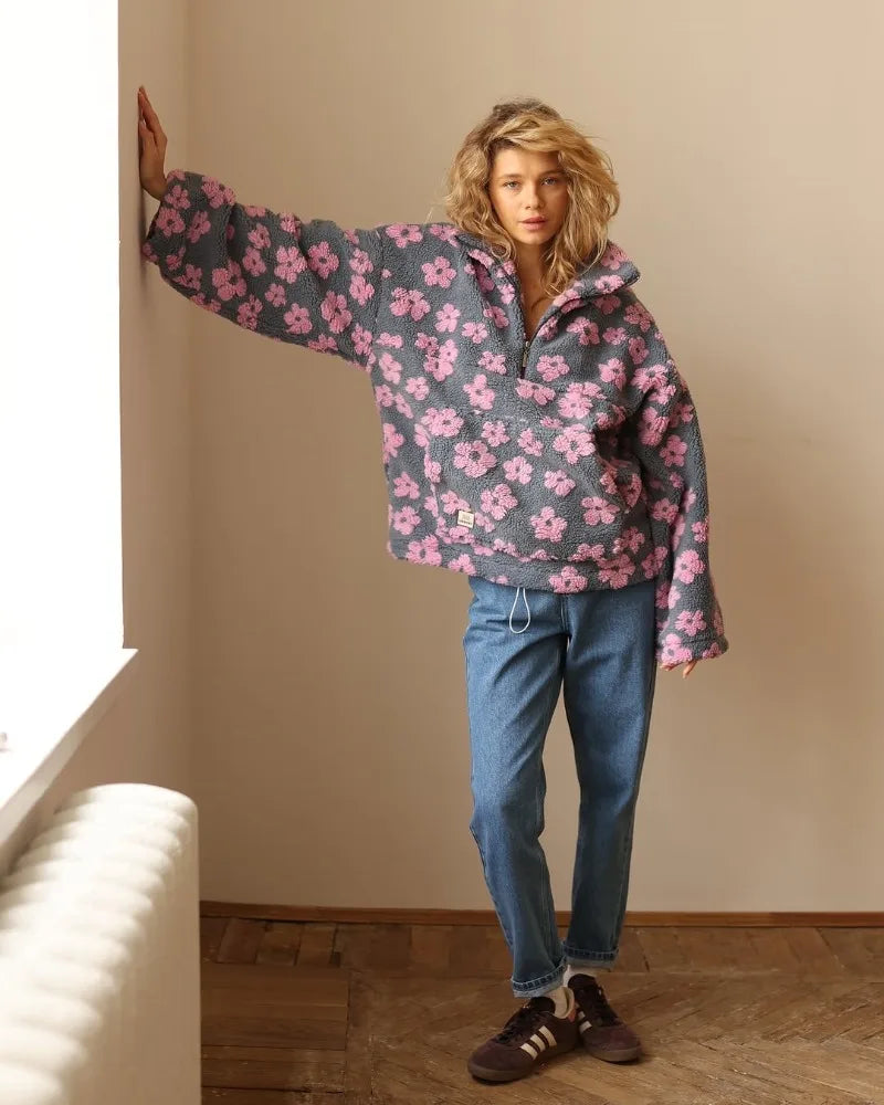Yaminiya Women's 2025 New Fashion Polar Fleece Flower Blossoms Sweater Cotton Sweater Loose Warm Fur Stand Up Collar Zipper Top