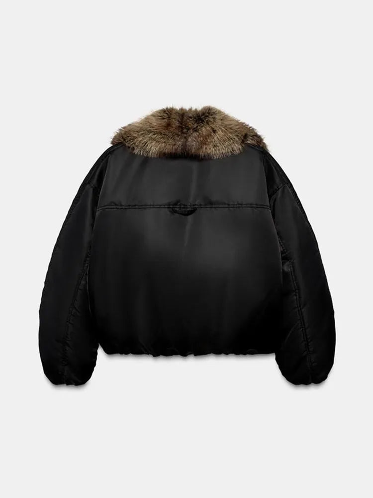 Winter Fashion Big Faux Fur Cotton Collar Coat For Women Trend Long Sleeves Warm Loose Jacket 2025 New Lady Daily Streetwears