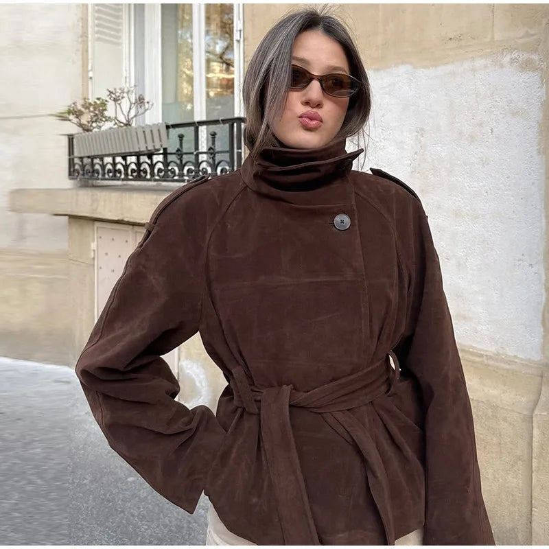 Soft Suede Women Commute Coat Long Sleeve High Neck Tie Waist All-match Cinched Slim Autumn Winter Coats 2026 Fashion Jackets