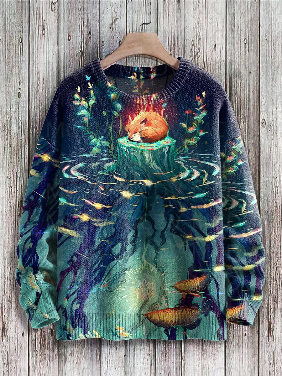 Retro Japanese Style Painting Cat Art Casual Print Knit Pullover Sweater Women For Men Sweater