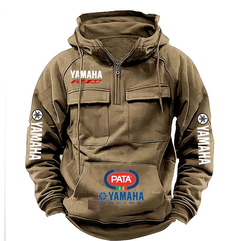 yamaha  Men's Muscle Movement Workwear Style Spring-Autumn New Model Fashion Solid Color Multi-Pocket Long-Sleeved Hooded Sweats