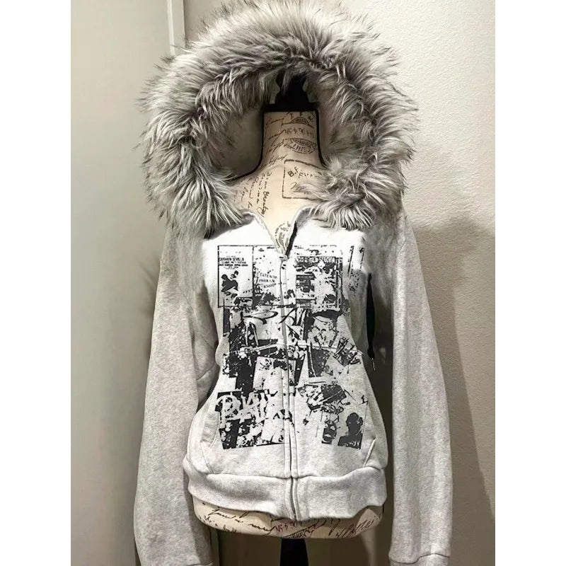 Grey Faux Fur Wool Double Zipper Jacket Hoodies Women's Slim Waist Hooded Vintage Y2k Coats Ropa Mujer Casual Fashion Sweatshirt