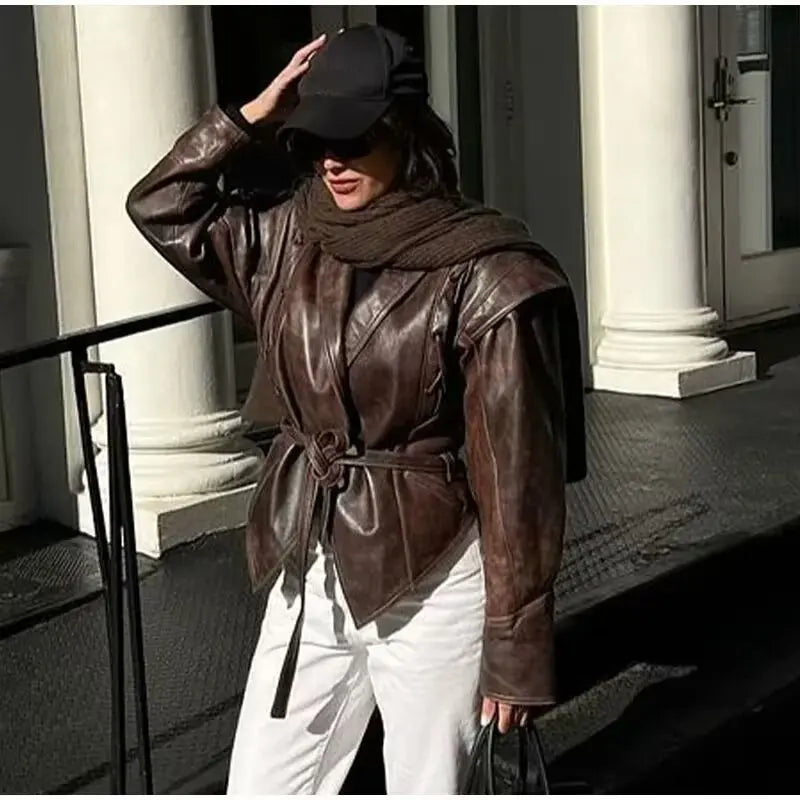 Suninheart Autumn and Winter Faux Leather Jackets for Women 2025 Dropped Shoulder Oversized Jacket Coat Belted Corset Jacket
