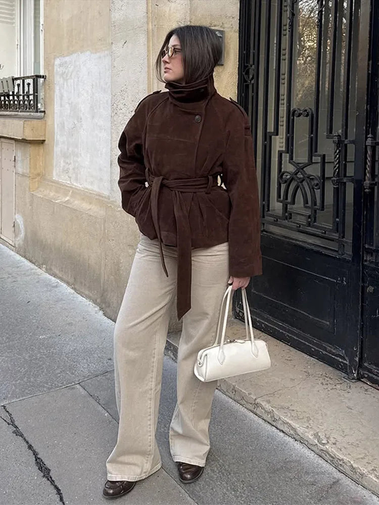Soft Suede Women Commute Coat Long Sleeve High Neck Tie Waist All-match Cinched Slim Autumn Winter Coats 2026 Fashion Jackets
