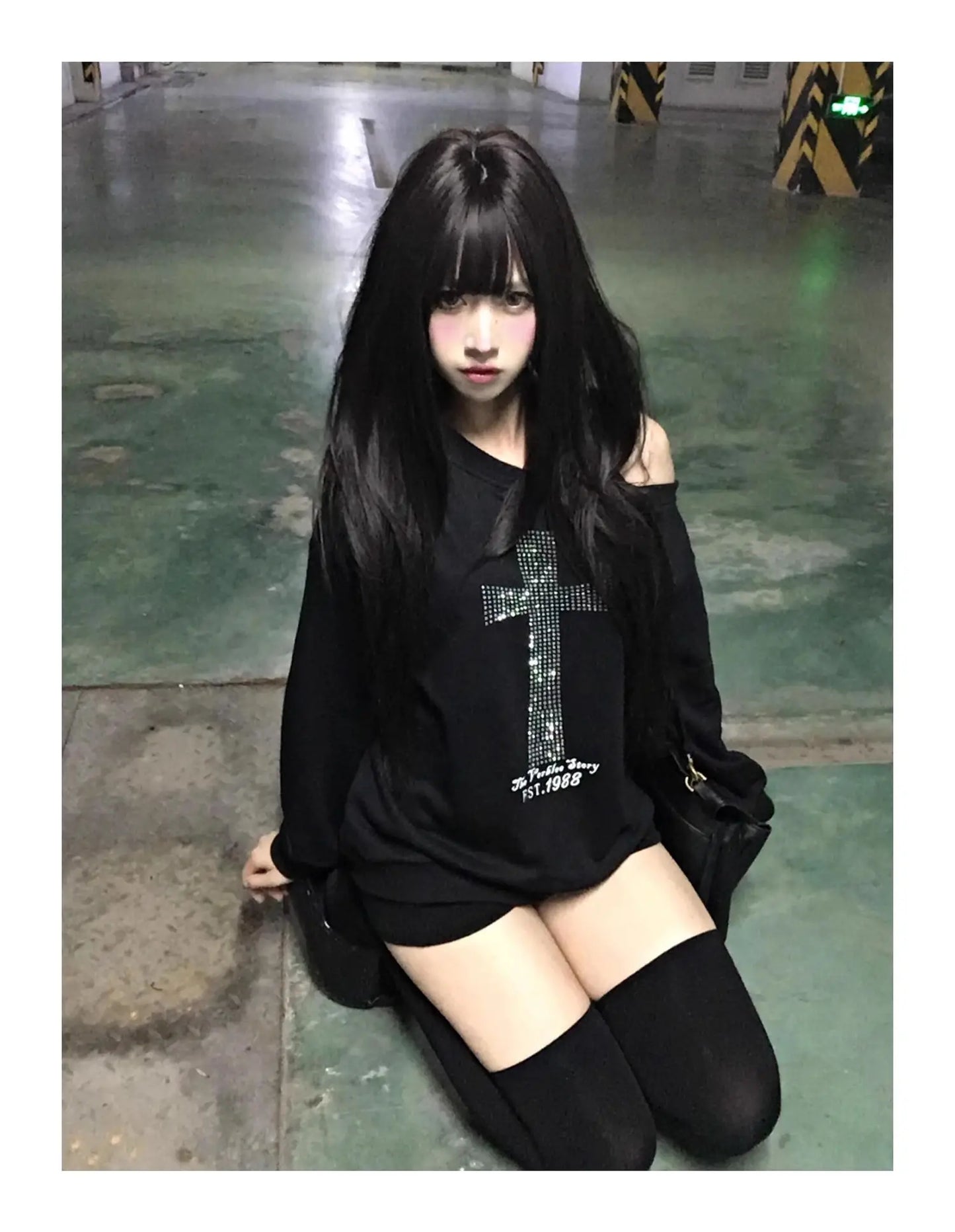 Seeslim Cross One-shoulder Graphic Hoodies Long Sleeve Black Women's Sweatshirts Harajuku Grunge 2000s Clothes Y2k Autumn Tops