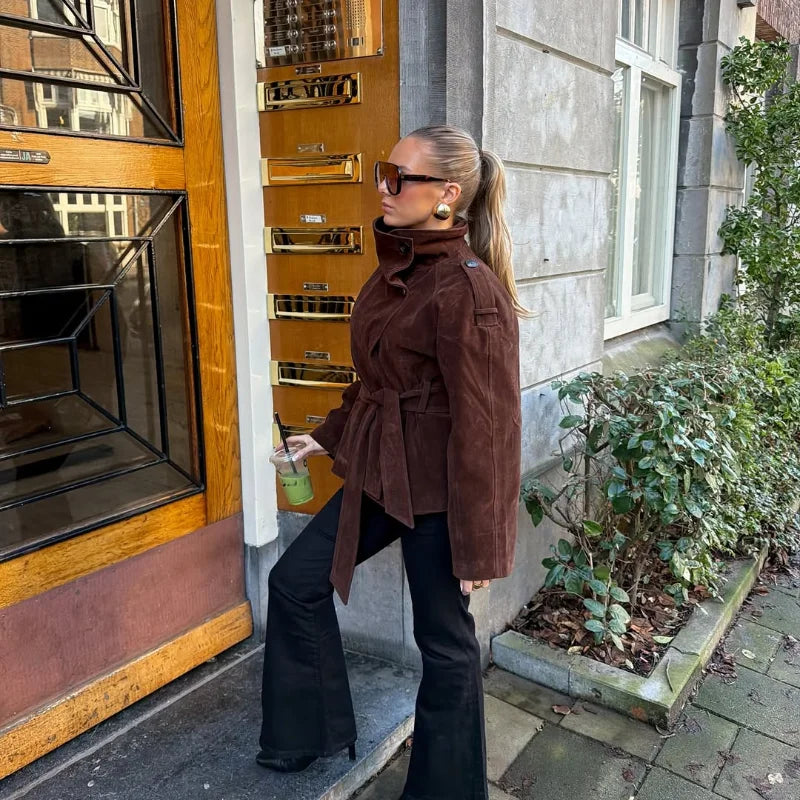 Soft Suede Women Commute Coat Long Sleeve High Neck Tie Waist All-match Cinched Slim Autumn Winter Coats 2026 Fashion Jackets