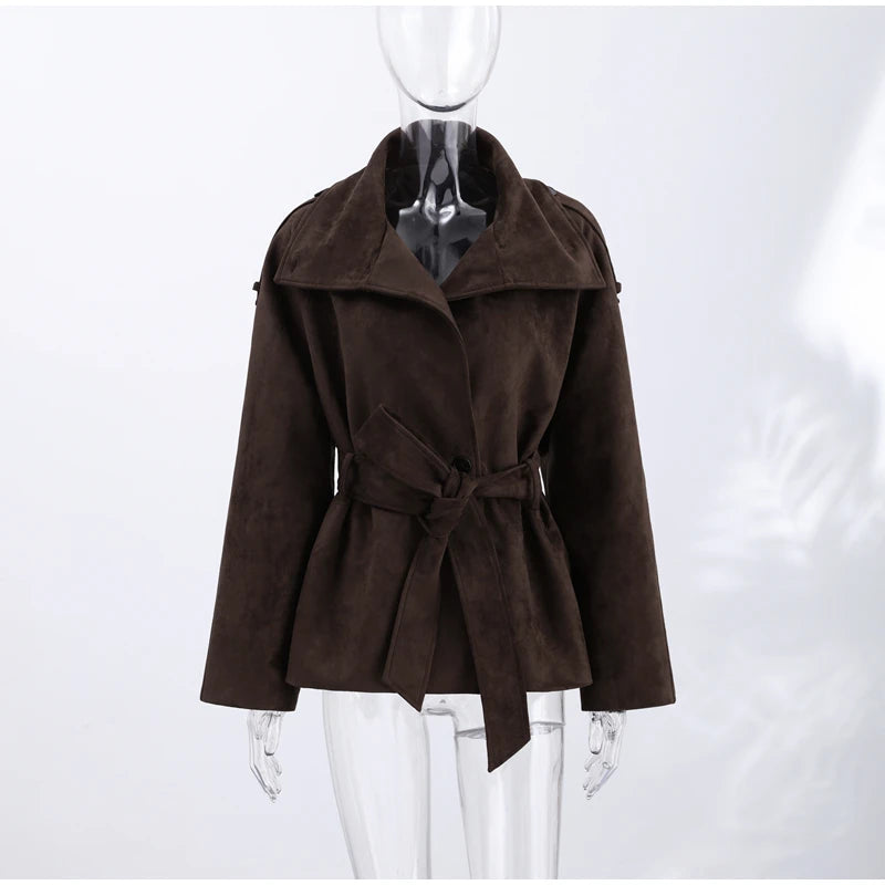Soft Suede Women Commute Coat Long Sleeve High Neck Tie Waist All-match Cinched Slim Autumn Winter Coats 2026 Fashion Jackets