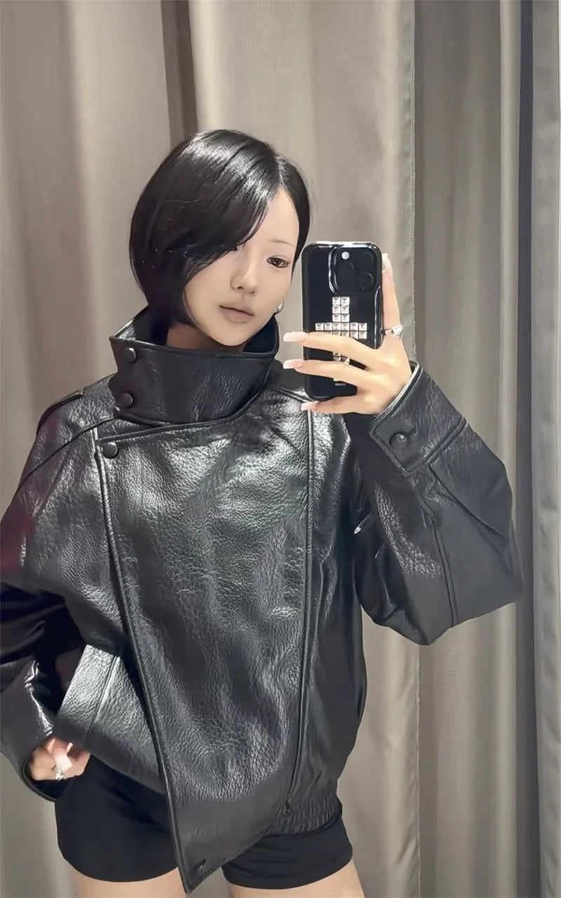 Women's Jacket 2026 Autunm  New Black Long Sleeve Pebble Faux Leather Jacket Motorcycle Style Personality Fashion