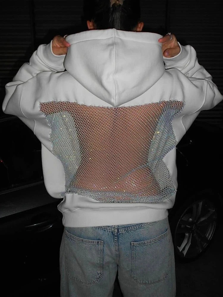 Weird Puss Harajuku Hooded Sweatshirt Women Autumn Trend Backless Glitter Mesh Patchwork Casual Streetwear Hipster Pulloverr