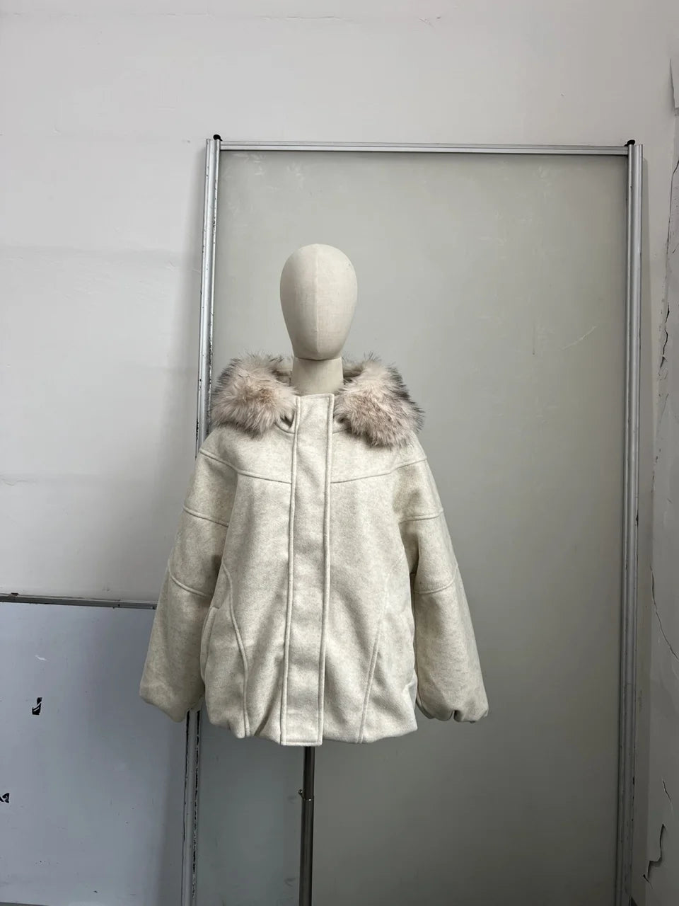 Vintage Thicken Faux Fur Woolen Jacket Women Fashion Hooded Pocket Lantern Sleeve Elastic Waist Coat Winter Female Daily Outwear