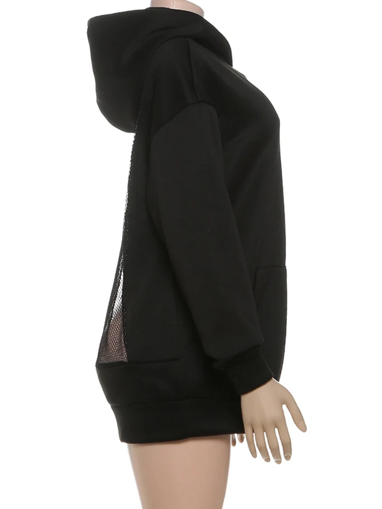 Weird Puss Harajuku Hooded Sweatshirt Women Autumn Trend Backless Glitter Mesh Patchwork Casual Streetwear Hipster Pulloverr