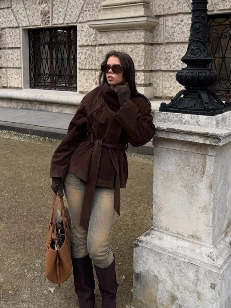 Soft Suede Women Commute Coat Long Sleeve High Neck Tie Waist All-match Cinched Slim Autumn Winter Coats 2026 Fashion Jackets