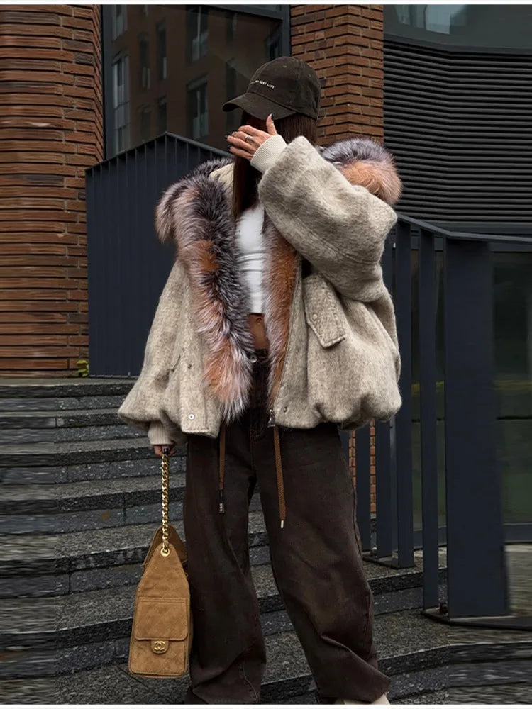 Vintage Thicken Faux Fur Woolen Jacket Women Fashion Hooded Pocket Lantern Sleeve Elastic Waist Coat Winter Female Daily Outwear