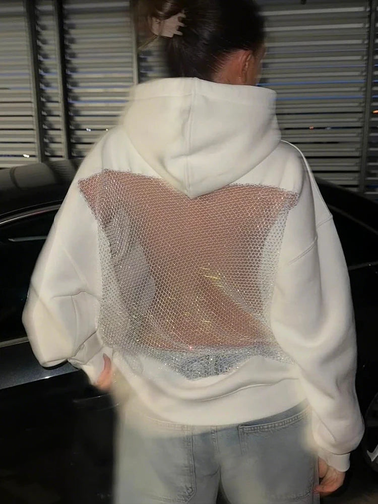 Weird Puss Harajuku Hooded Sweatshirt Women Autumn Trend Backless Glitter Mesh Patchwork Casual Streetwear Hipster Pulloverr