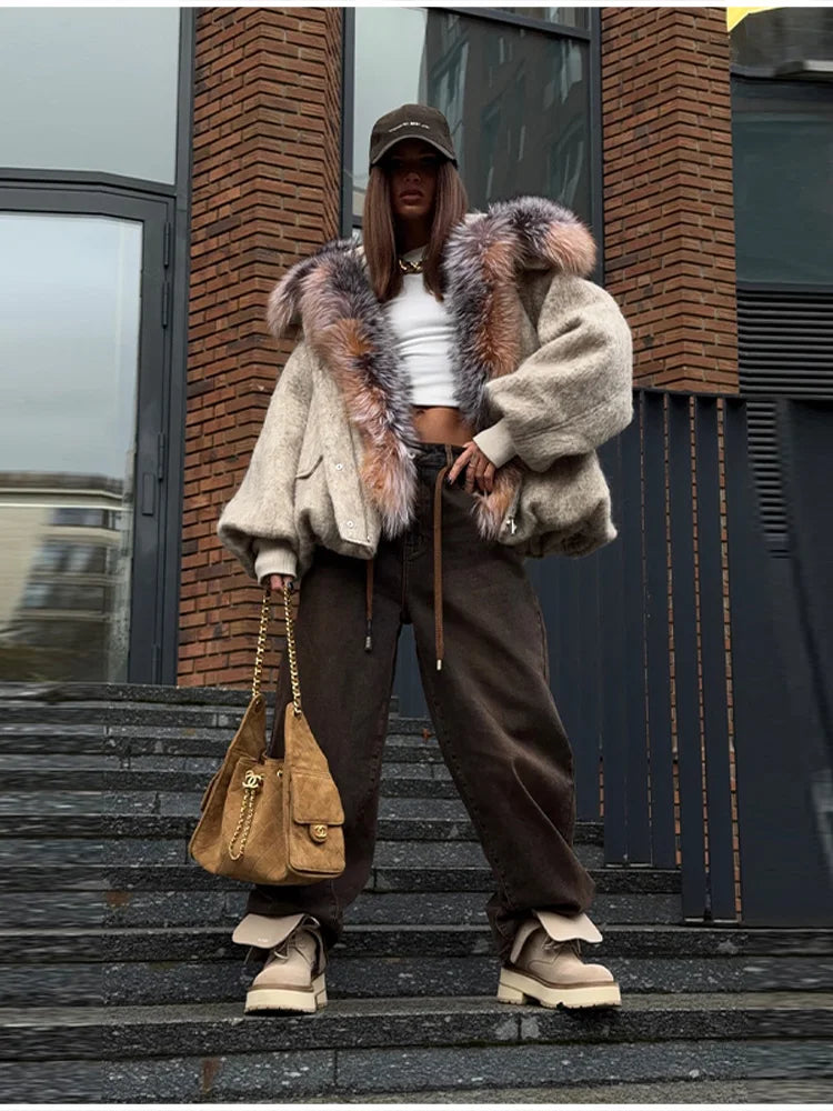 Winter Fashion Faux Fur Collar Woolen Coat Women Vintage Thick Hooded Long Sleeve Oversized Warm Jacket New Lady High Streetwear