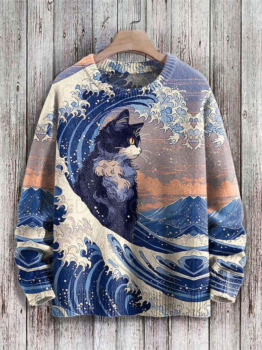 Retro Japanese Style Painting Cat Art Casual Print Knit Pullover Sweater Women For Men Sweater