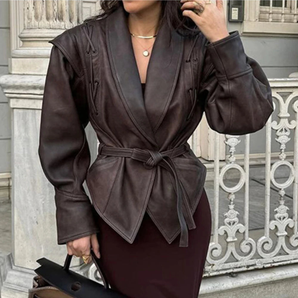 Suninheart Autumn and Winter Faux Leather Jackets for Women 2025 Dropped Shoulder Oversized Jacket Coat Belted Corset Jacket