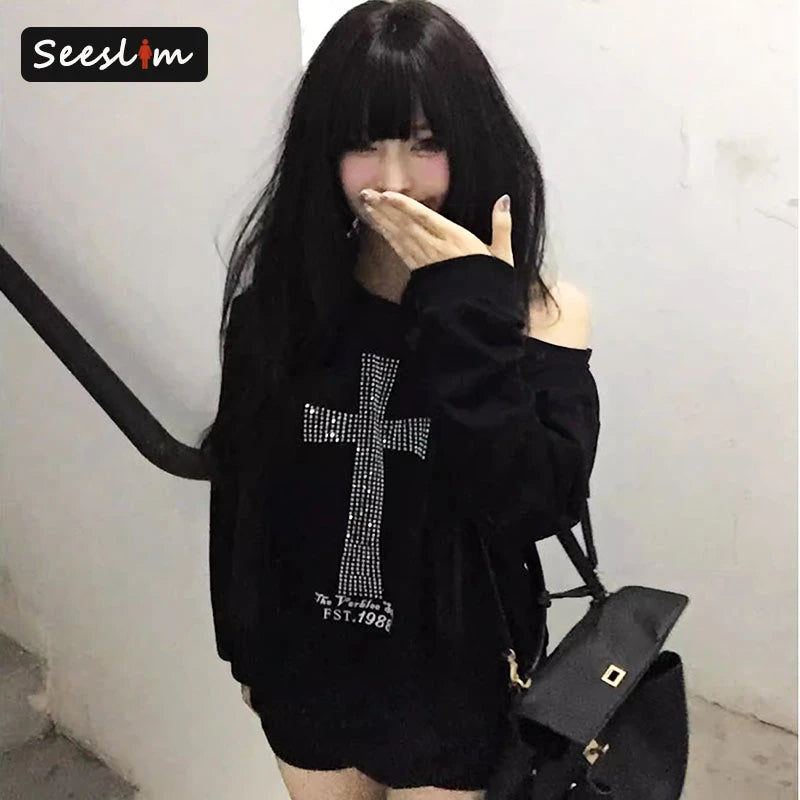 Seeslim Cross One-shoulder Graphic Hoodies Long Sleeve Black Women's Sweatshirts Harajuku Grunge 2000s Clothes Y2k Autumn Tops