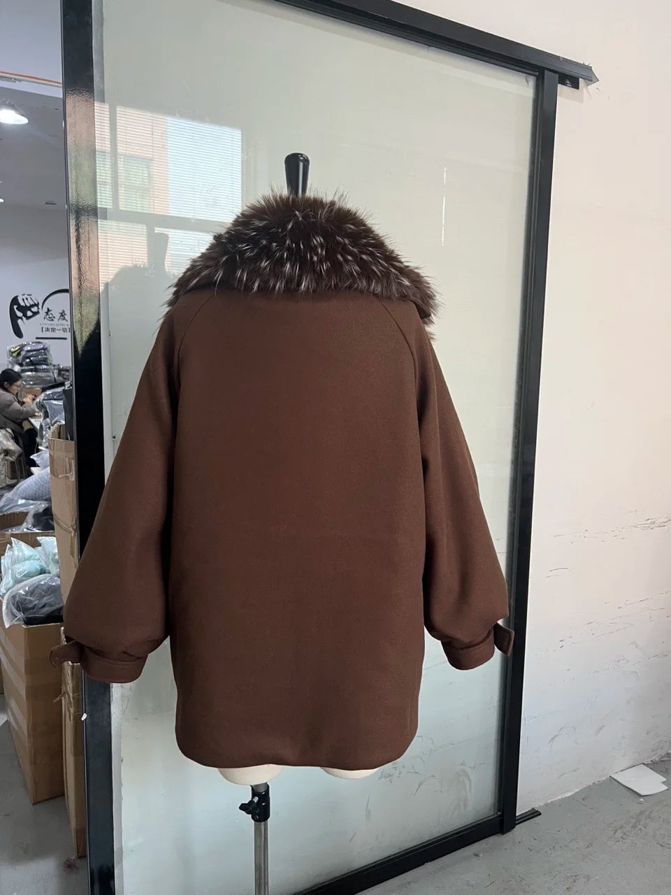 Vintage Thicken Faux Fur Woolen Jacket Women Fashion Hooded Pocket Lantern Sleeve Elastic Waist Coat Winter Female Daily Outwear