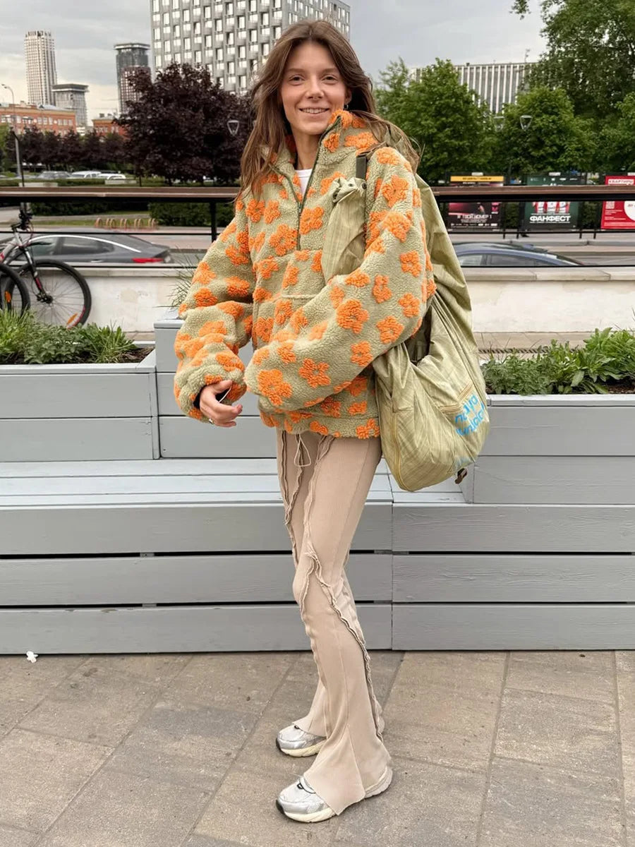 Bornladies New Autumn Winter Women's Sherpa Floral Pullover Hoodies Half Zip Style Loose Fit Warm Stylish Sweatshirt