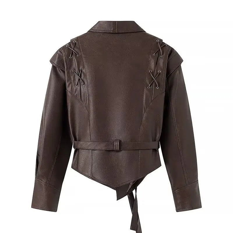Suninheart Autumn and Winter Faux Leather Jackets for Women 2025 Dropped Shoulder Oversized Jacket Coat Belted Corset Jacket