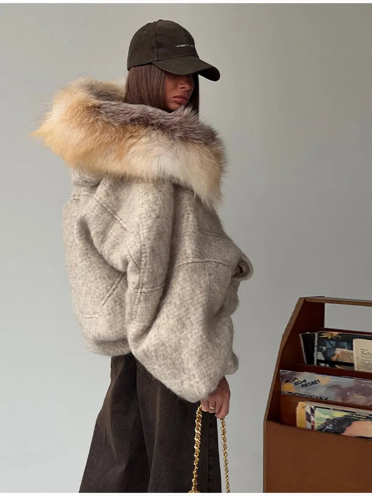 Vintage Thicken Faux Fur Woolen Jacket Women Fashion Hooded Pocket Lantern Sleeve Elastic Waist Coat Winter Female Daily Outwear