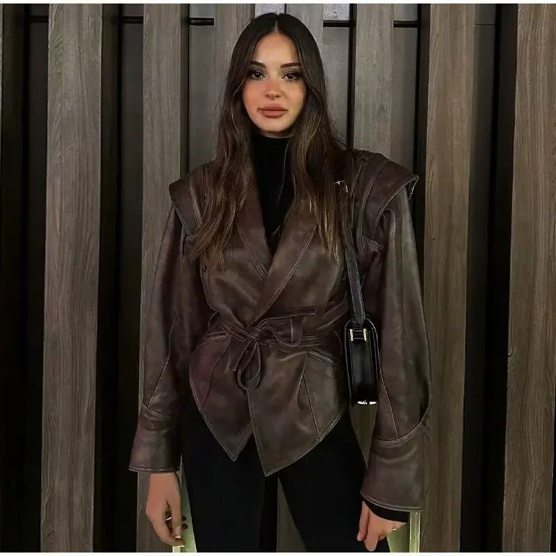 Suninheart Autumn and Winter Faux Leather Jackets for Women 2025 Dropped Shoulder Oversized Jacket Coat Belted Corset Jacket