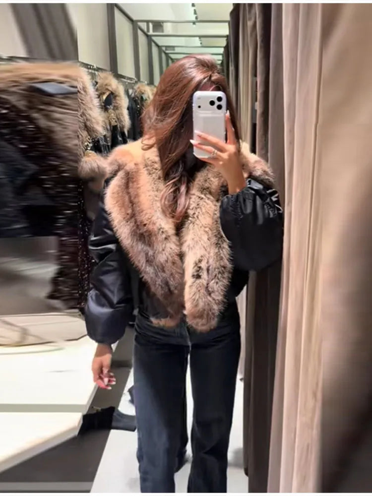 Winter Fashion Big Faux Fur Cotton Collar Coat For Women Trend Long Sleeves Warm Loose Jacket 2025 New Lady Daily Streetwears