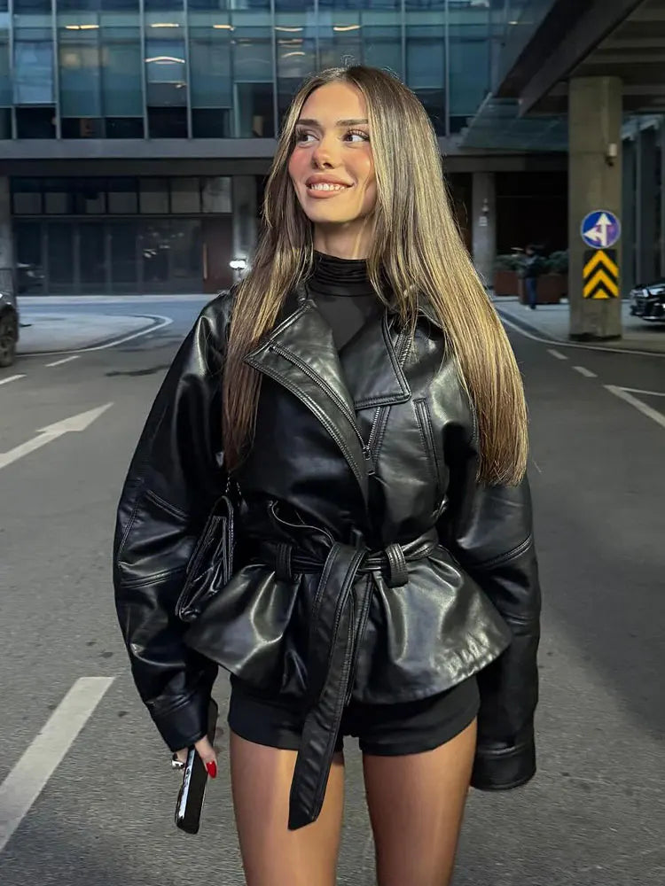 HH Women Fashion Black Short Faux Leather Trench Coat Long Sleeve Lapel Jacket With Belt Vintage Lady Motorcycle Jacket Outwear