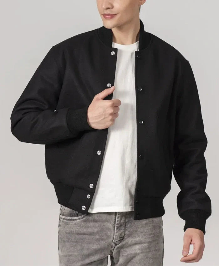 Simple Black Wool Baseball Varsity Jacket - Recreated Inspired Edition