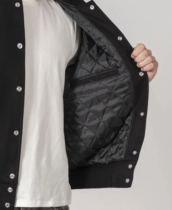 Simple Black Wool Baseball Varsity Jacket - Recreated Inspired Edition