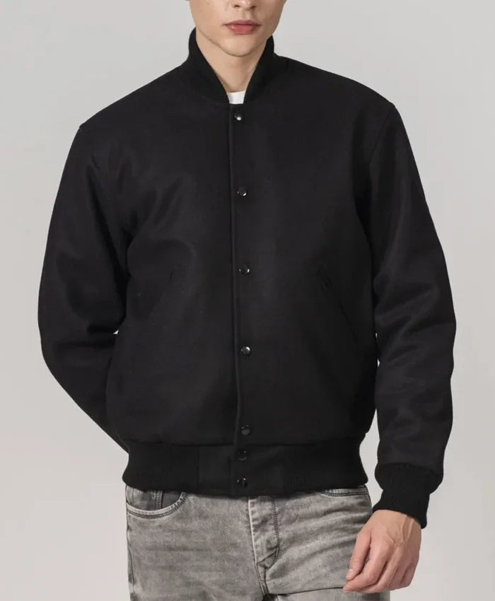 Simple Black Wool Baseball Varsity Jacket - Recreated Inspired Edition
